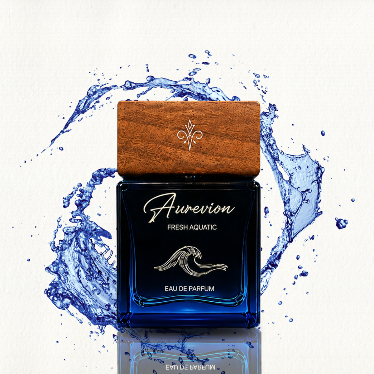 Aurévion Fresh Aquatic Eau de Parfum bottle with a dark blue glass body, a wooden cap, and a blue water splash graphic behind it on a white background.